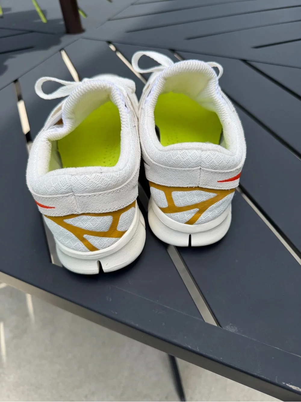 Nike White and Yellow Mesh Athletic Sneakers with Red Swoosh
